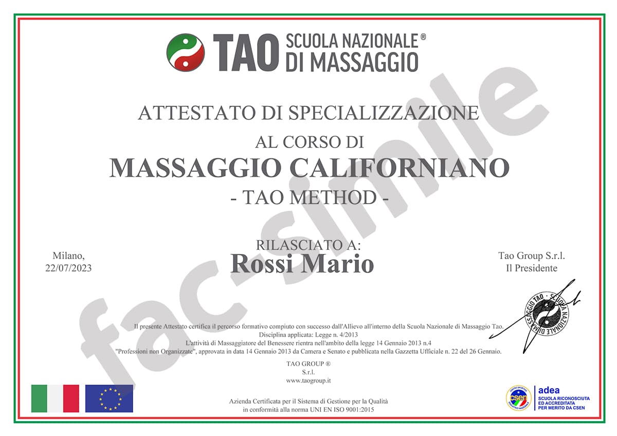 Attestato Corso Massaggio Californiano